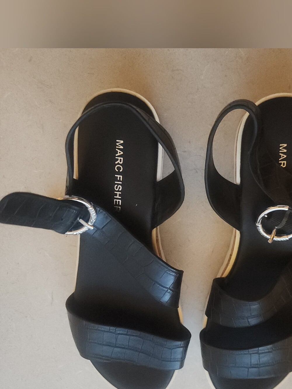 Marc Fisher Black Croc-Embossed Slide Sandals with Silver Buckle